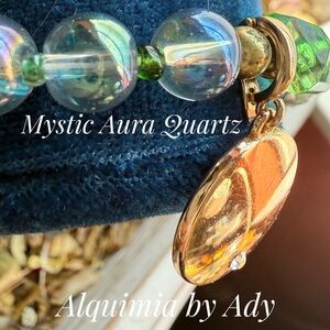Alquimia Mystic Aura Quartz Bracelet with Gold Charm and green malachite
